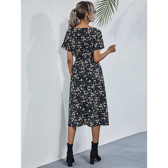 boho yellow Floral Shirred Wrap midi Dress - Picture 6 of 10